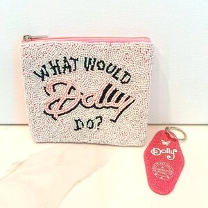 Dolly Parton Pink And White Beaded Coin Purse Pouch With Pink Glitter Keychain